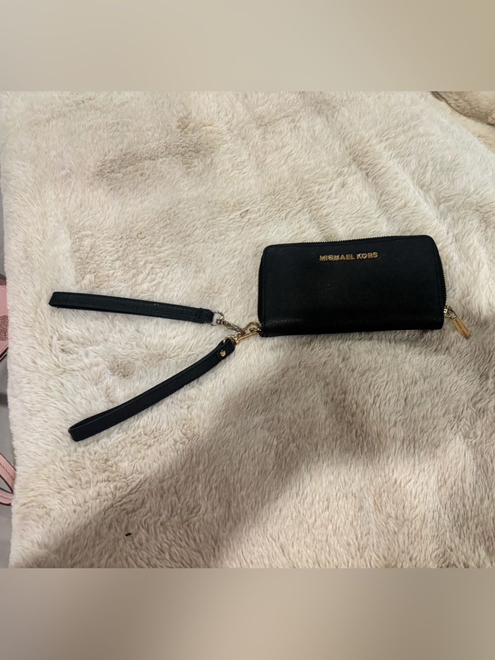 Michael Kors Black Leather Zip Wristlet with Gold Hardware